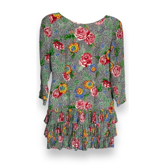 Vintage 80s Bill Blass Designer Silk Floral Dropwaist Mini Dress Long Sleeve 8 - Picture 1 of 4